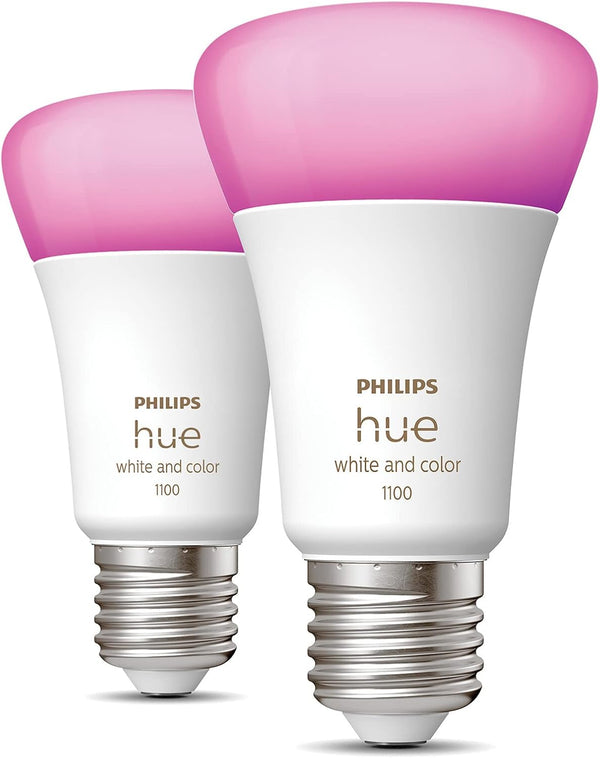 Philips Hue E27 | White & Colour Wireless Smart LED Bulb | Twin Pack | 1100lm