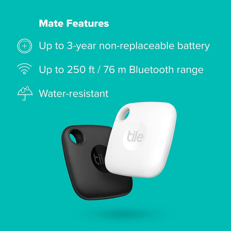 Tile Mate (2022) Bluetooth Item Finder, 2 Pack, 60m finding range, Find Keys, Remotes & More, Black/White