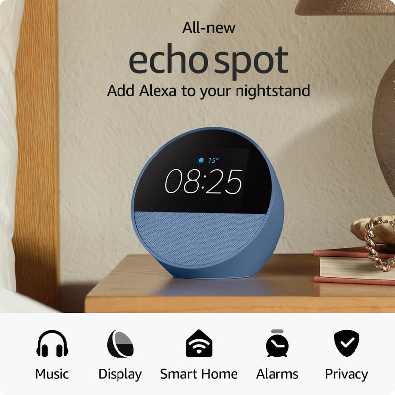 Amazon Echo Spot | Smart Alarm Clock with vibrant sound | Alexa | 2024 release | Ocean Blue