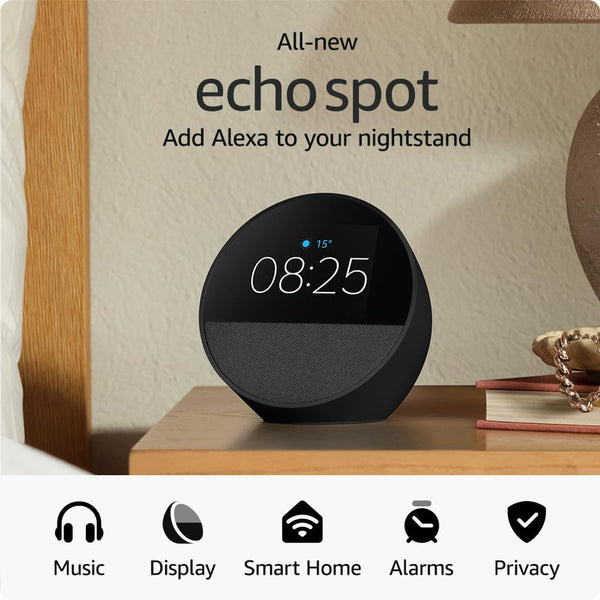 Amazon Echo Spot | Smart Alarm Clock with vibrant sound | Alexa | 2024 release | Black