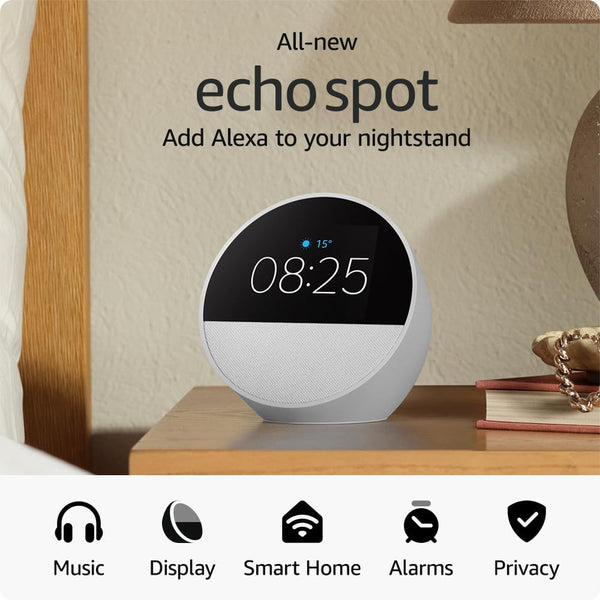 Amazon Echo Spot | Smart Alarm Clock with vibrant sound | Alexa | 2024 release | Glacier White