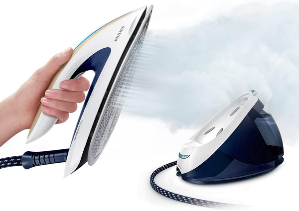 Philips PerfectCare Elite Steam Generator Iron, Optimal Temperature Technology, 470 g Boost, 1.8 Litre, 2400 W, 6.7 Bar, Detachable Water Tank, Auto-Off, Carry Lock, Safe rest, Navy (GC9630/20)