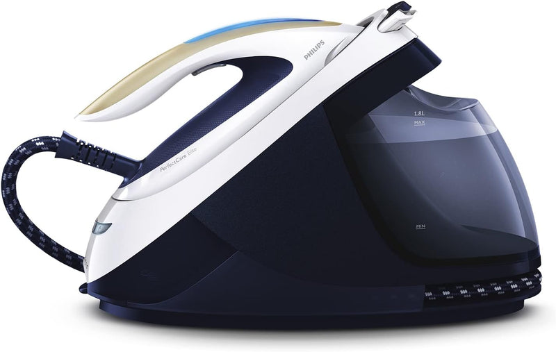 Philips PerfectCare Elite Steam Generator Iron, Optimal Temperature Technology, 470 g Boost, 1.8 Litre, 2400 W, 6.7 Bar, Detachable Water Tank, Auto-Off, Carry Lock, Safe rest, Navy (GC9630/20)