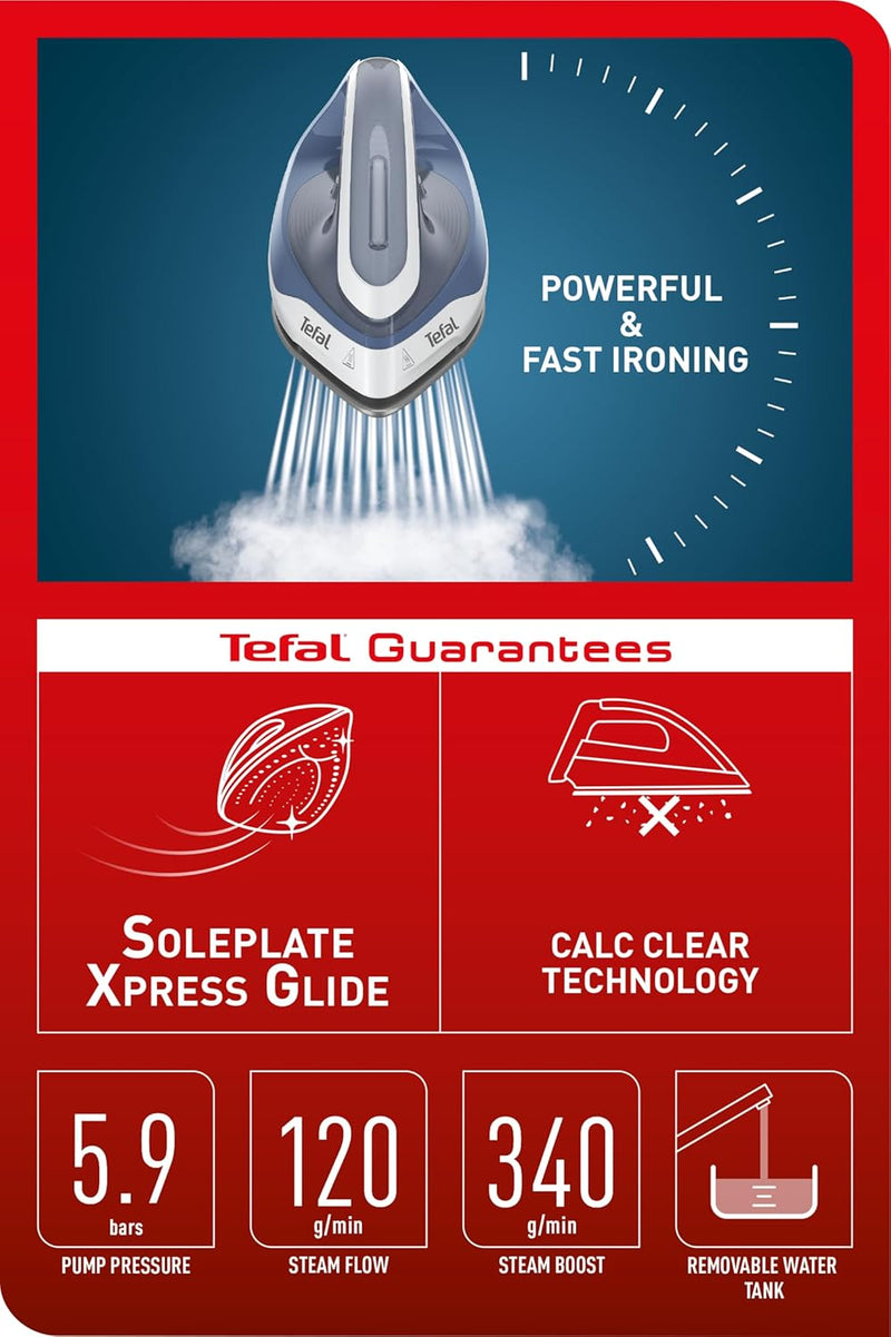 Tefal Express Essential Steam Iron | 5.9 Bar | 120g/min | 1.7L Tank | Blue