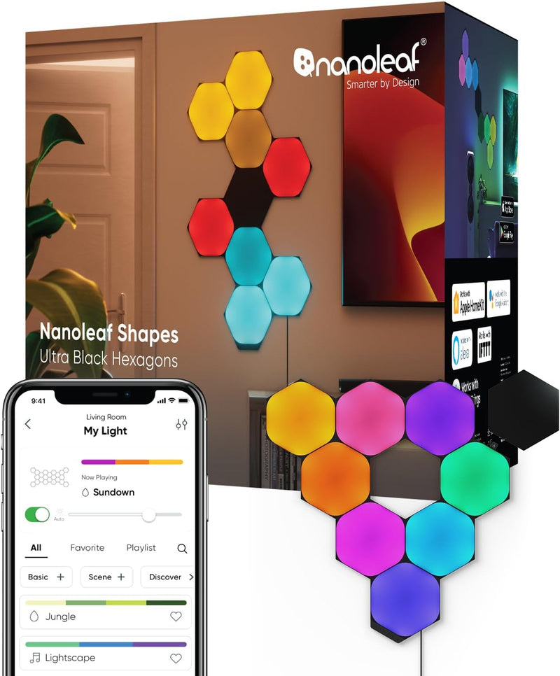 Nanoleaf Shapes Ultra Black Hexagon Starter Kit | 9 Smart Light Panels LED RGBW | Wi-Fi Colour Changing Wall Lights for Room Decor & Gaming