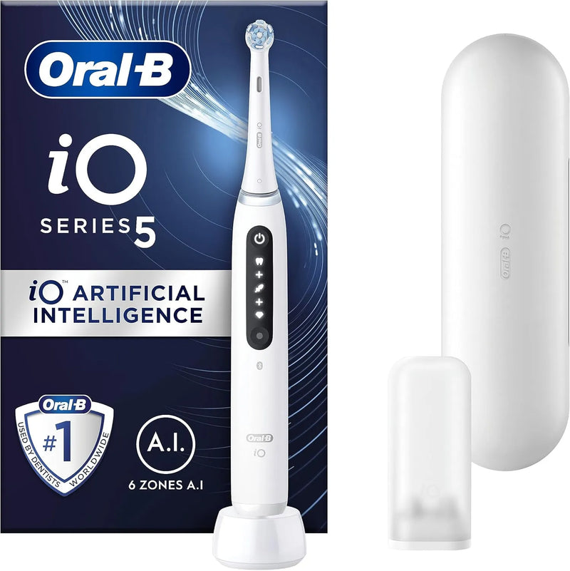 Oral-B iO5 Electric Toothbrush | For Adults, 1 Toothbrush Head & Travel Case, 5 Modes With Teeth Whitening | UK 2 Pin Plug | White