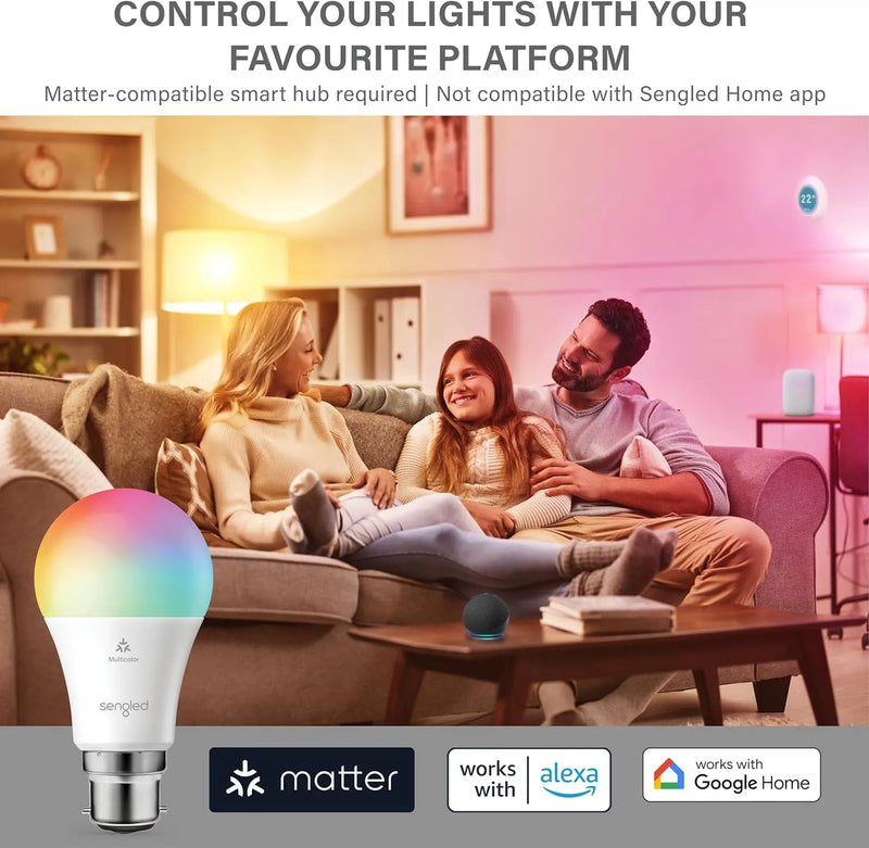 Sengled LED Smart Coloured Light Bulb | B22 Bayonet | Matter-Enabled, Multicolour, Works with Alexa | 60W