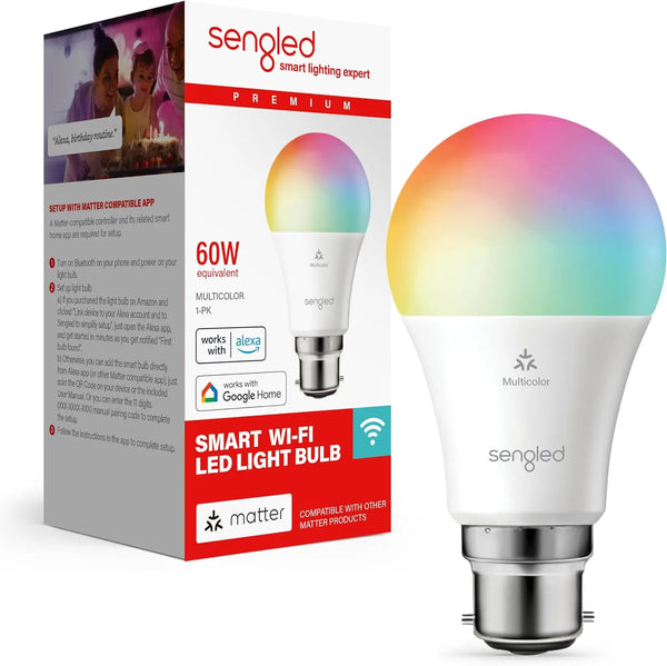 Sengled LED Smart Coloured Light Bulb | B22 Bayonet | Matter-Enabled, Multicolour, Works with Alexa | 60W