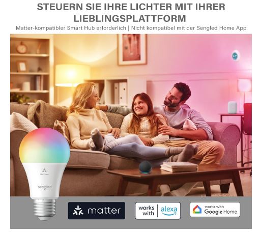 Sengled LED Smart Light Bulb | E27 Edison Screw | Matter-Enabled, Multicolour, Works with Alexa | 60W equivalent