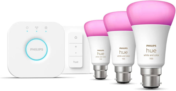 Philips Hue Starter Kit | 3x Colour Changing B22 Bulbs | Dimmer Switch | Bridge