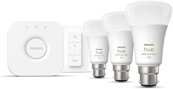 Philips Hue Starter Kit | 3x Colour Changing B22 Bulbs | Dimmer Switch | Bridge