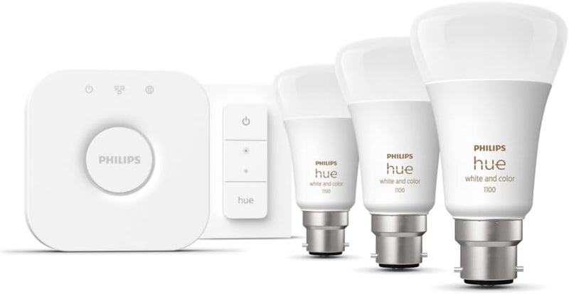 Philips Hue Starter Kit | 3x Colour Changing B22 Bulbs | Dimmer Switch | Bridge