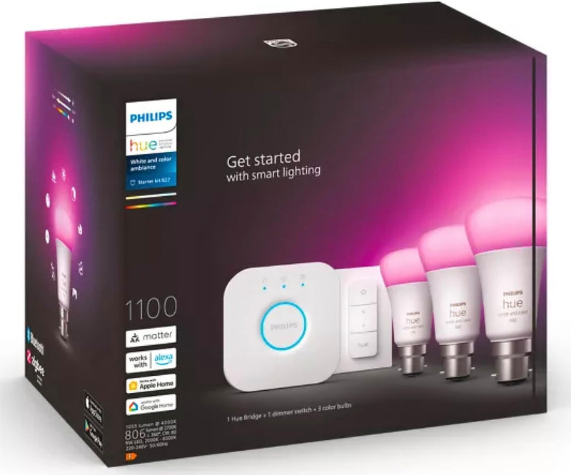 Philips Hue Starter Kit | 3x Colour Changing B22 Bulbs | Dimmer Switch | Bridge